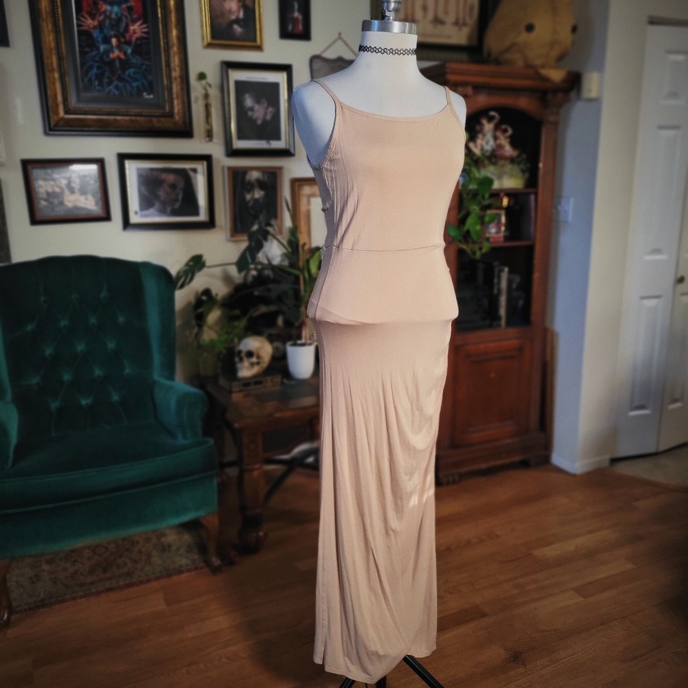 Livi Olivia Rae Maxi Dress Tan Nude Ruched Bodycon Sleeveless Minimalist‎ M